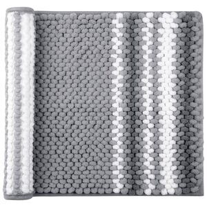 Chenille Bathroom Rug Striped 17"x24" Dark Gray and White